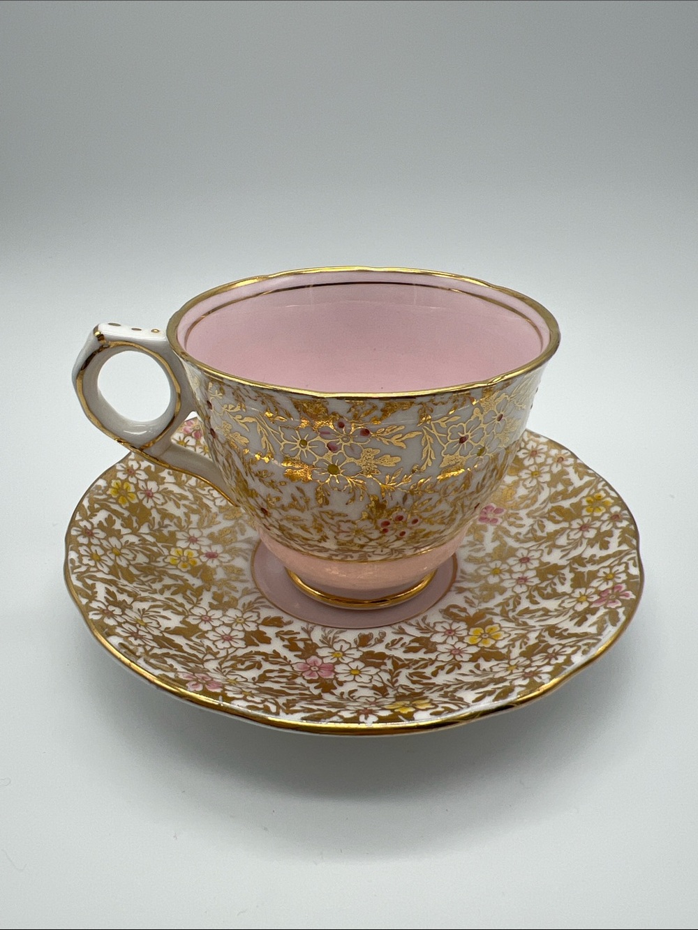 Royal Stafford Bone China Pink and Gold Floral Teacup with Saucer